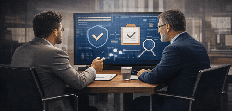 Two professionals sit side by side reviewing a large screen displaying security and compliance graphics, including a shield and checklist icons.   They appear focused, discussing data and analysis in a modern office setting.