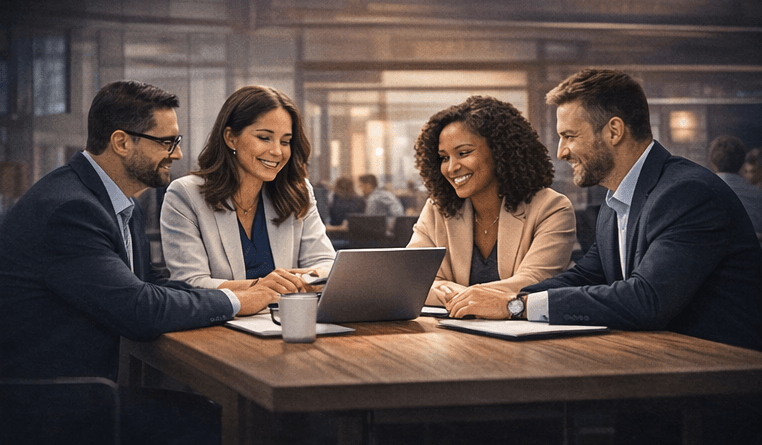 Four colleagues sit around a wooden table, smiling as they collaborate over a laptop.   The warm office setting and relaxed expressions suggest a productive, positive team discussion.