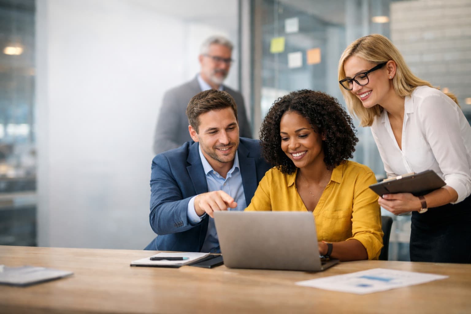 Three colleagues smiling and collaborating around a laptop in a modern office while reviewing work together