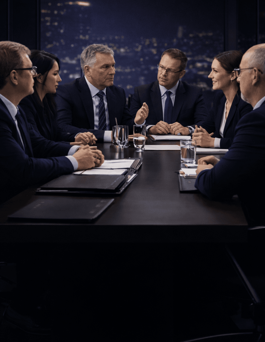 Six people in a late-night boardroom meeting, engaged in serious discussion.   City lights glow behind them through the glass windows.