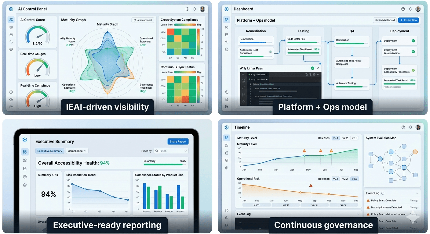 Accessibility dashboard showing key metrics, compliance scores, and risk indicators across digital systems
